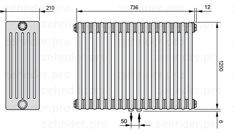 Схема (чертеж) Радиатор Zehnder Charleston 6120/16 №5410 Белый глянцевый RAL 9016